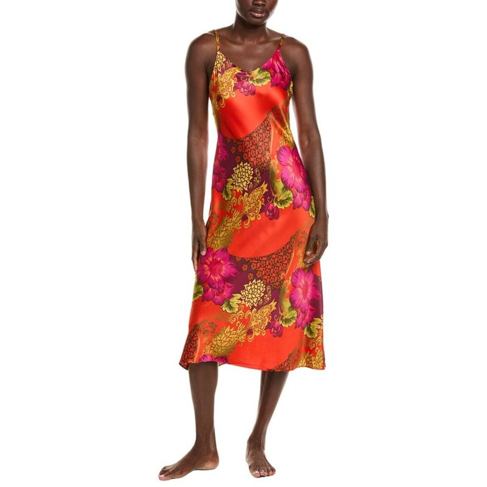 N Natori Womens Harvest Printed Satin Gown, Orange